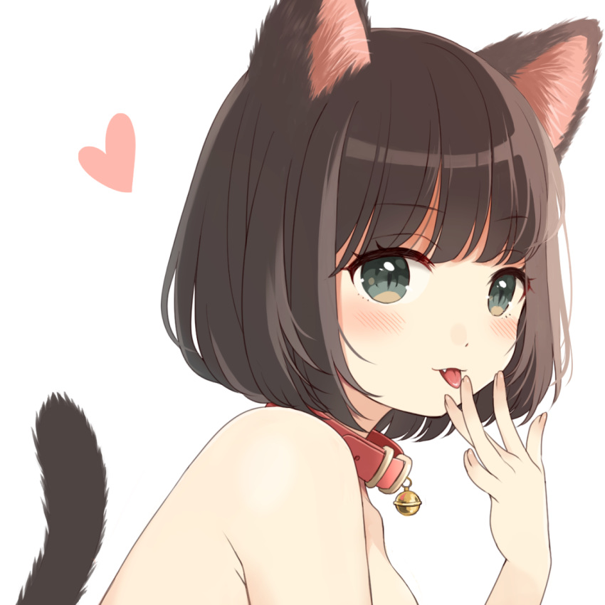 1girl animal_ears bell bell_collar blush bob_cut brown_hair cat_ears cat_tail collar eyebrows_visible_through_hair face fang finger_licking green_eyes heart licking nude original short_hair simple_background slit_pupils solo tail tongue uramakaron white_background