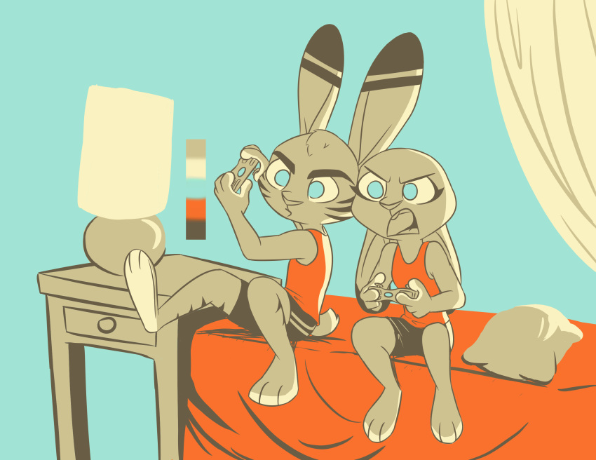 ambiguous_gender anthro barefoot bed bottomwear buckteeth clothed clothing dipstick_ears disney duo facial_markings female furniture head_markings hi_res holding_object jack_savage judy_hopps lagomorph lamp leporid mammal markings multicolored_ears on_bed open_mouth pillow rabbit shirt shorts sitting tank_top teeth theblueberrycarrots topwear video_games zootopia