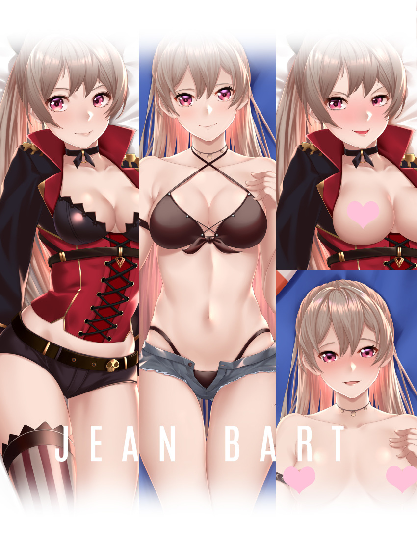 1girl azur_lane bikini black_bikini black_choker black_jacket blush breasts breasts_outside brown_hair censored character_name choker collarbone corset criss-cross_halter cutoff_jeans cutoffs dakimakura denim denim_shorts halterneck heart heart_censor highres jacket jean_bart_(azur_lane) jean_bart_(secret_afternoon)_(azur_lane) jewelry long_hair looking_at_viewer micro_shorts midriff mixed-language_commentary multiple_views navel necklace open_clothes open_jacket ponytail purple_eyes rara086 red_corset shorts single_thighhigh smile striped striped_legwear swimsuit thighhighs vertical-striped_legwear vertical_stripes very_long_hair