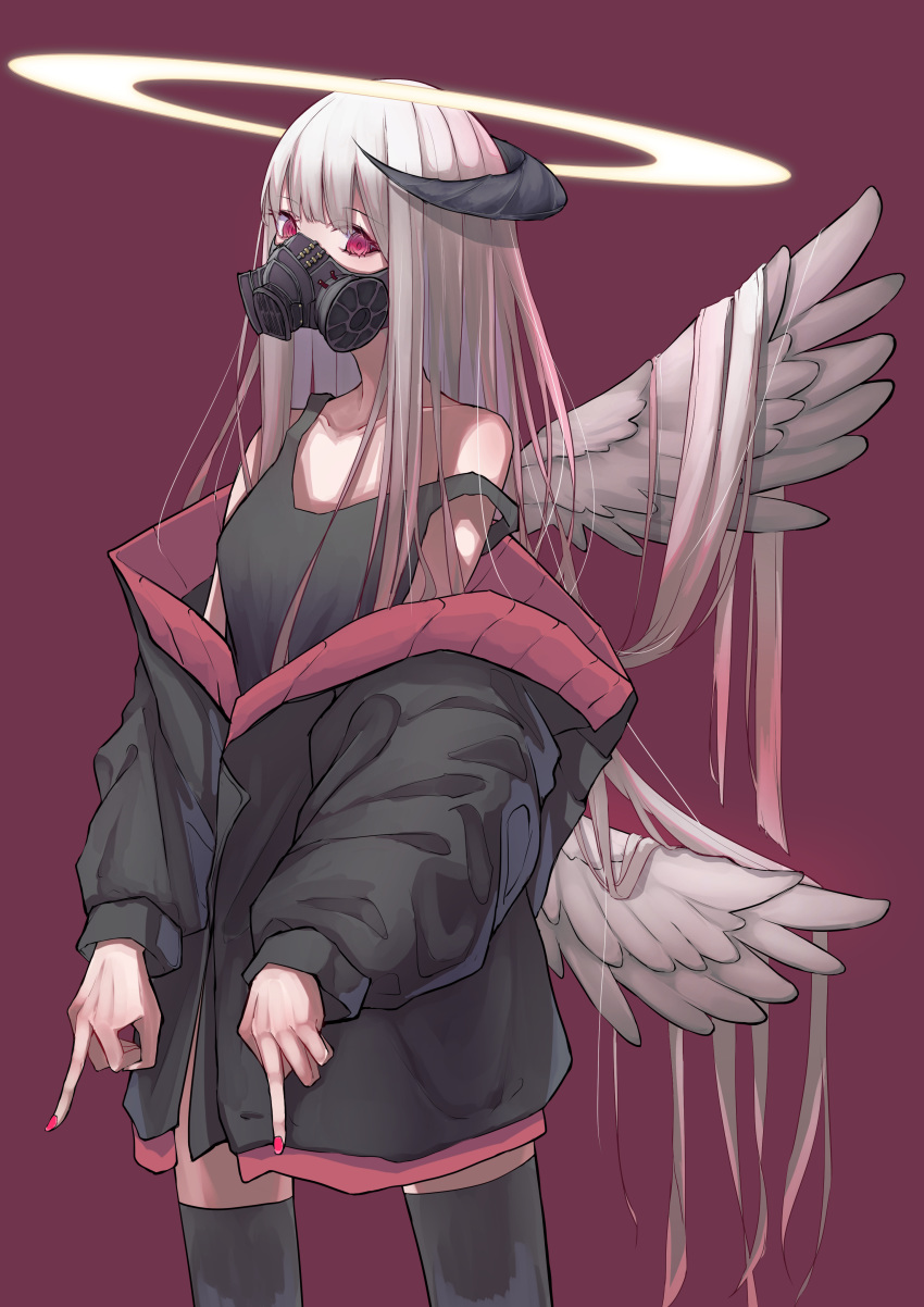 1girl absurdres angel angel_wings double_middle_finger gas_mask halo highres horns jacket long_hair looking_at_viewer middle_finger mnetyara multiple_wings nail_polish off_shoulder original red_eyes solo tank_top thighhighs very_long_hair white_hair wings