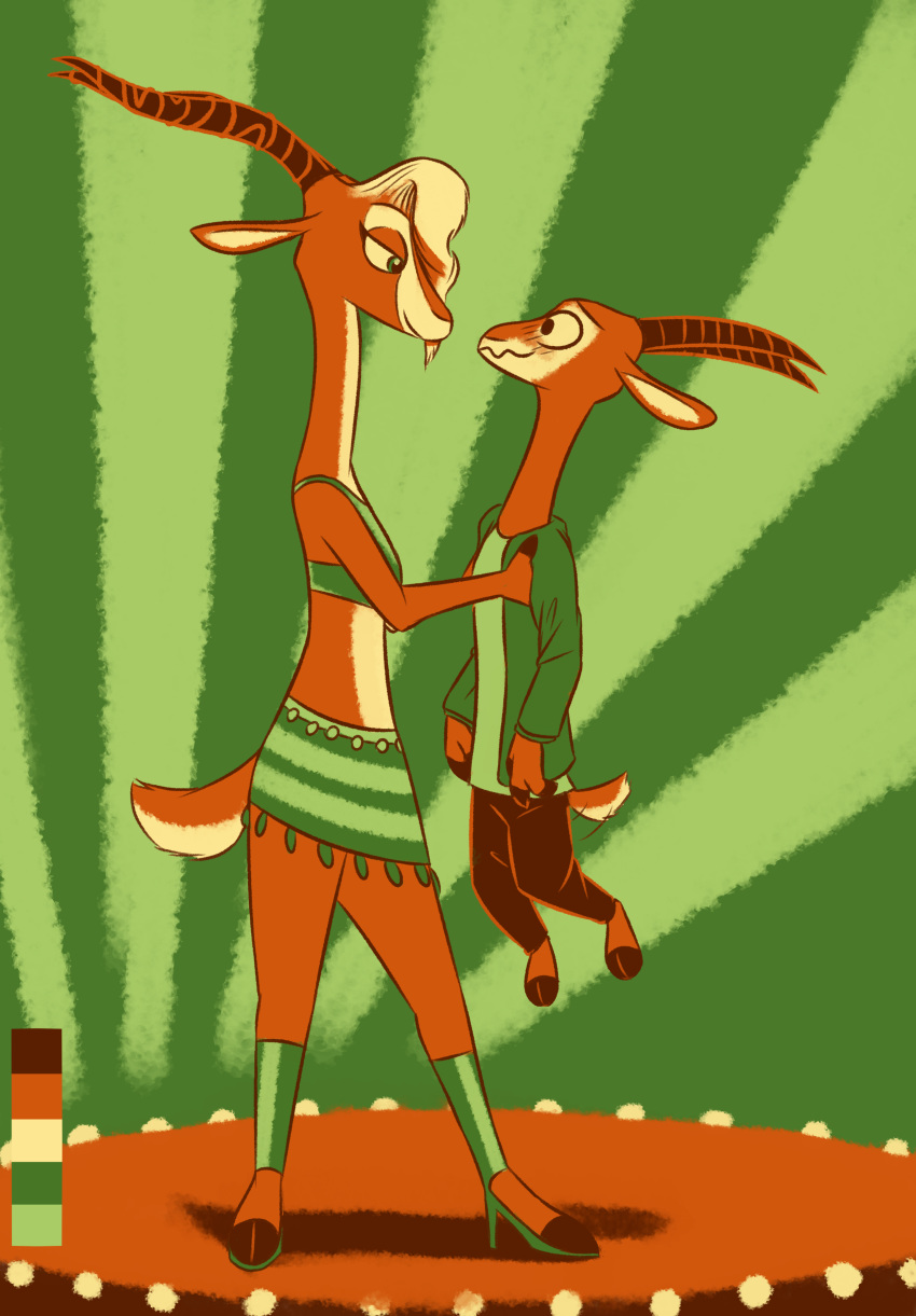 absurd_res antelope anthro bottomwear bovid chico_(fuel) clothed clothing color_swatch disney duo eye_contact female footwear fully_clothed gazelle gazelle_(zootopia) hi_res high_heels jacket lifting looking_at_another male mammal pants restricted_palette shirt shoes side_view skirt smile theblueberrycarrots topwear zootopia