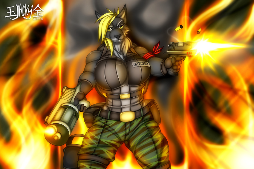 anthro blonde_hair breasts canid canine canis clothed clothing detailed_background fangs female fur grey_body grey_fur gun hair holding_object holding_weapon mammal muscular muscular_anthro muscular_female ranged_weapon solo weapon wolf yellow_eyes zi0808