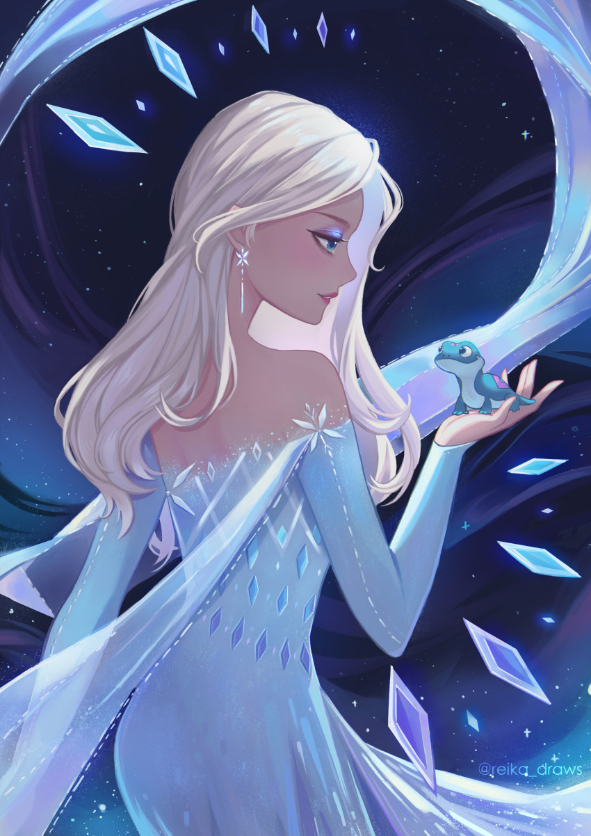 1girl absurdres animal artist_name bare_shoulders black_background blonde_hair blue_dress blue_eyes bruni_(frozen) dark_background dress earrings elsa_(frozen) english_commentary feet_out_of_frame frozen_(disney) hair_down hair_over_shoulder highres jewelry lipstick long_hair looking_to_the_side makeup mascara parted_lips profile salamander shiro-hane skirt smile snowflake_earrings snowflake_print snowflakes solo twitter_username