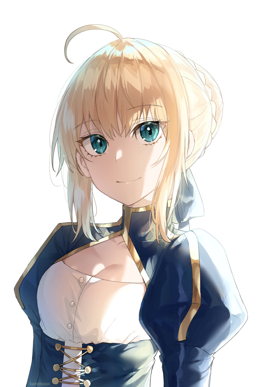 1girl absurdres ahoge artist_name artoria_pendragon_(all) bangs blonde_hair blue_dress blue_ribbon braid breasts cleavage collarbone dress eyebrows_visible_through_hair fate/stay_night fate_(series) green_eyes hair_ribbon highres juliet_sleeves kanniepan long_sleeves looking_at_viewer medium_breasts puffy_sleeves ribbon saber short_hair simple_background smile solo weapon white_background