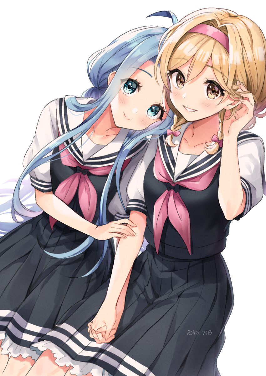 2girls absurdres ahoge artist_name bangs black_skirt black_vest blonde_hair blue_eyes blue_hair braid brown_eyes closed_mouth collarbone djeeta_(granblue_fantasy) eyebrows_visible_through_hair granblue_fantasy hair_tucking hairband highres holding_hands huge_filesize interlocked_fingers leaning_to_the_side long_hair looking_at_viewer lyria_(granblue_fantasy) medium_skirt multiple_girls neckerchief parted_lips pink_hairband pink_neckwear pleated_skirt sailor_collar school_uniform serafuku shirt short_hair short_sleeves simple_background sitting skirt smile twin_braids tyyni very_long_hair vest white_background white_sailor_collar white_shirt