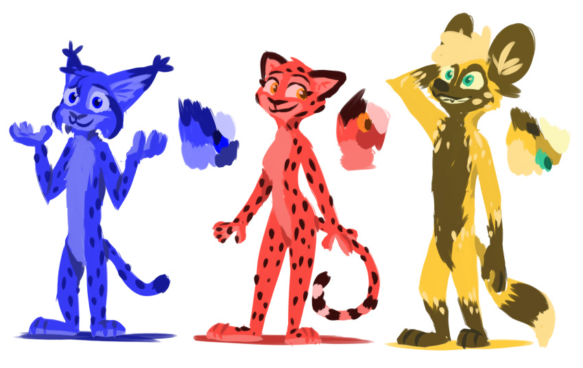 african_wild_dog anthro canid canine cheetah featureless_crotch felid feline female fur group hi_res lynx male mammal marc_(theblueberrycarrots) milo_(juantriforce) nude restricted_palette spots spotted_body spotted_fur standing stephie_(fraydia1) theblueberrycarrots