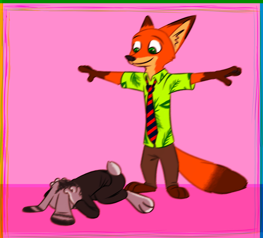 absurd_res anthro barefoot bottomwear canid canine clothed clothing dipstick_tail disney duo ear_markings facial_markings fox fully_clothed fur gloves_(marking) head_markings hi_res inner_ear_fluff jack_savage lagomorph leporid male mammal markings meme multicolored_tail necktie nick_wilde on_ground orange_body orange_fur pants pink_background rabbit red_fox shirt simple_background smile standing t-pose theblueberrycarrots topwear tuft zootopia