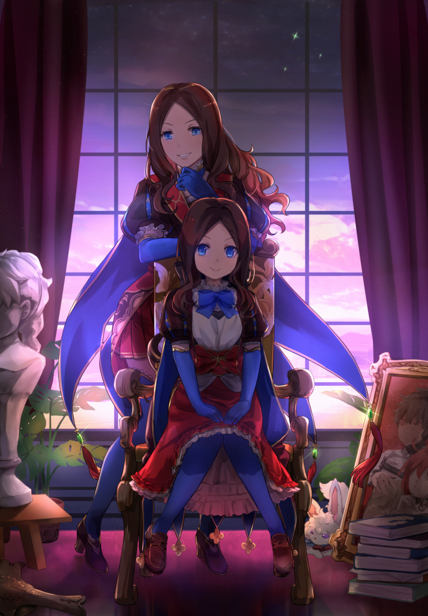 2girls arm_rest armchair backlighting bangs blue_bow blue_eyes blue_gloves blue_legwear blue_neckwear book_stack bow bowtie brown_footwear brown_hair chair cloud commentary_request creature curtains dual_persona dusk fate/grand_order fate_(series) figure forehead fou_(fate/grand_order) frilled_skirt frilled_sleeves frills fujimaru_ritsuka_(female) fujimaru_ritsuka_(male) full_body glint gloves glowing grin hand_on_own_chin hands_on_own_thighs high_heels highres hsin indoors knees_together_feet_apart leonardo_da_vinci_(fate/grand_order) leonardo_da_vinci_(rider)_(fate) loafers long_hair long_skirt looking_at_viewer multiple_girls night on_chair painting_(object) parted_bangs picture_(object) picture_frame plant pleated_skirt portrait_(object) potted_plant puff_and_slash_sleeves puffy_short_sleeves puffy_sleeves purple_eyes red_skirt romani_archaman sculpture shield shoes short_sleeves sidelocks sitting skirt sky smile smirk star_(sky) statue statuette table tassel thighhighs v-shaped_eyebrows window workshop zettai_ryouiki
