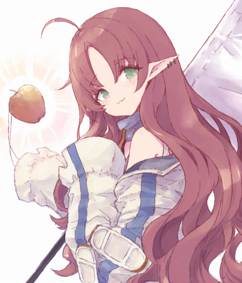 1girl :3 absurdres ahoge apple arknights bangs blush brown_hair buran_(kure) closed_mouth commentary_request ear_piercing eyebrows_visible_through_hair food fruit golden_apple hair_between_eyes highres jacket long_hair long_sleeves looking_at_viewer looking_to_the_side myrtle_(arknights) off_shoulder parted_bangs piercing pointy_ears sleeves_past_fingers sleeves_past_wrists solo upper_body very_long_hair white_jacket