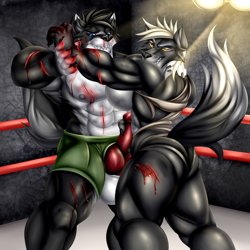 1:1 anthro anthro_on_anthro balls black_body black_fur blood blue_eyes bodily_fluids breasts butt canid canine canis claws clothed clothing detailed_background duo fangs female fight fighting_ring fluffy fluffy_tail fur genitals hi_res knot male mammal multicolored_body multicolored_fur muscular muscular_anthro muscular_female muscular_male open_mouth partially_clothed penis scar two_tone_body two_tone_fur white_body white_fur wolf yellow_eyes zi0808