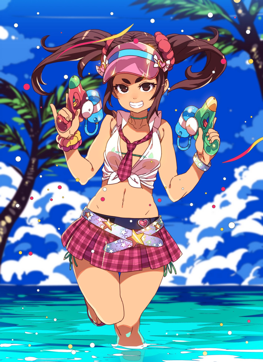 1girl :d bikini blue_sky blurry blurry_background choker day dual_wielding floating_hair green_bikini green_choker hair_ornament hair_scrunchie hands_up highres holding holding_water_gun looking_at_viewer metem_puella miniskirt necktie ocean open_mouth outdoors palm_tree pinky_out plaid plaid_neckwear plaid_skirt pleated_skirt red_neckwear red_skirt sandals scrunchie shirt side-tie_bikini skirt sky smile solo standing standing_on_one_leg swimsuit tasaka_shinnosuke tied_shirt tree trigger_discipline twintails visor_cap wading water_gun white_shirt