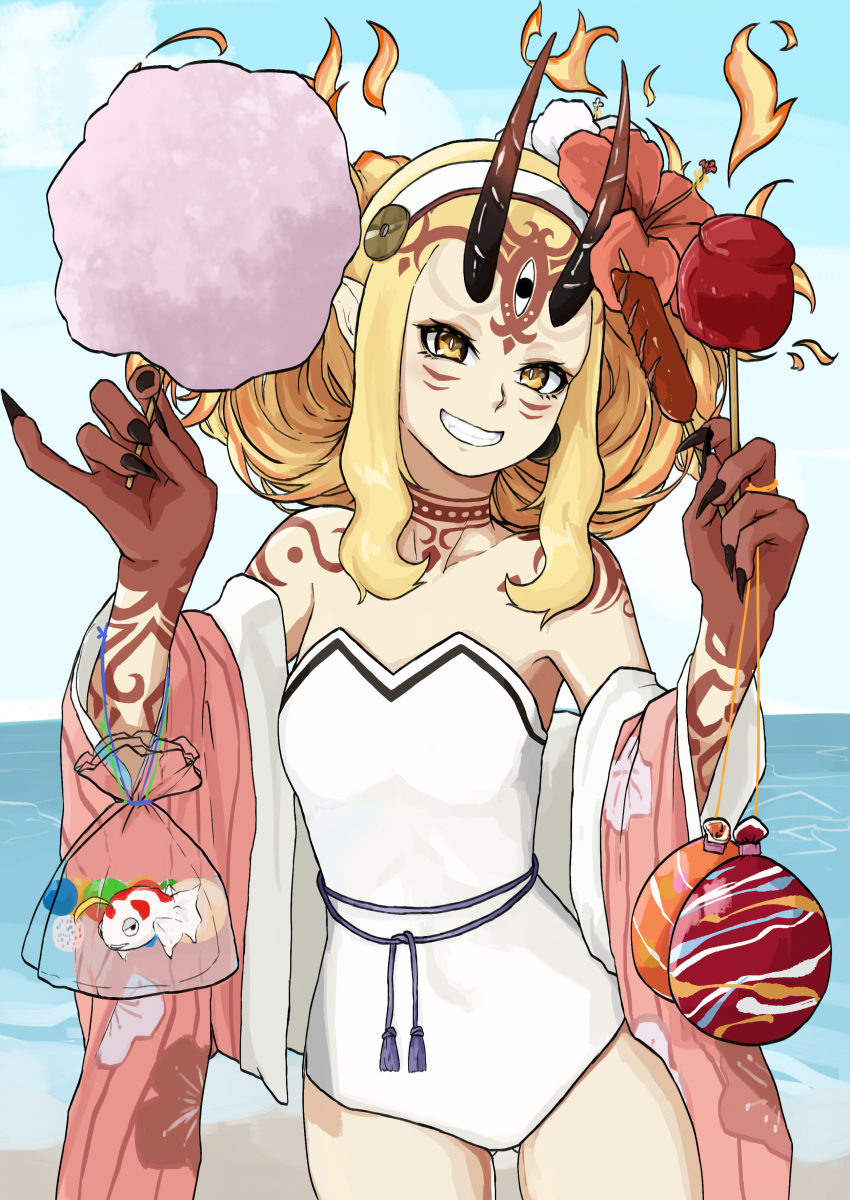 1girl absurdres bag bagged_fish bare_shoulders beach blonde_hair blue_sky breasts candy_apple cotton_candy facial_mark fate/grand_order fate_(series) fingernails fish floral_print food forehead forehead_mark goldfish grin hairband highres horns ibaraki_douji_(fate/grand_order) ibaraki_douji_(swimsuit_lancer)_(fate) japanese_clothes kimono long_hair long_sleeves looking_at_viewer off_shoulder one-piece_swimsuit oni oni_horns open_clothes open_kimono pink_kimono pointy_ears sanada_ina sausage sharp_fingernails sidelocks skewer sky small_breasts smile swimsuit tattoo water_balloon white_swimsuit wide_sleeves yellow_eyes