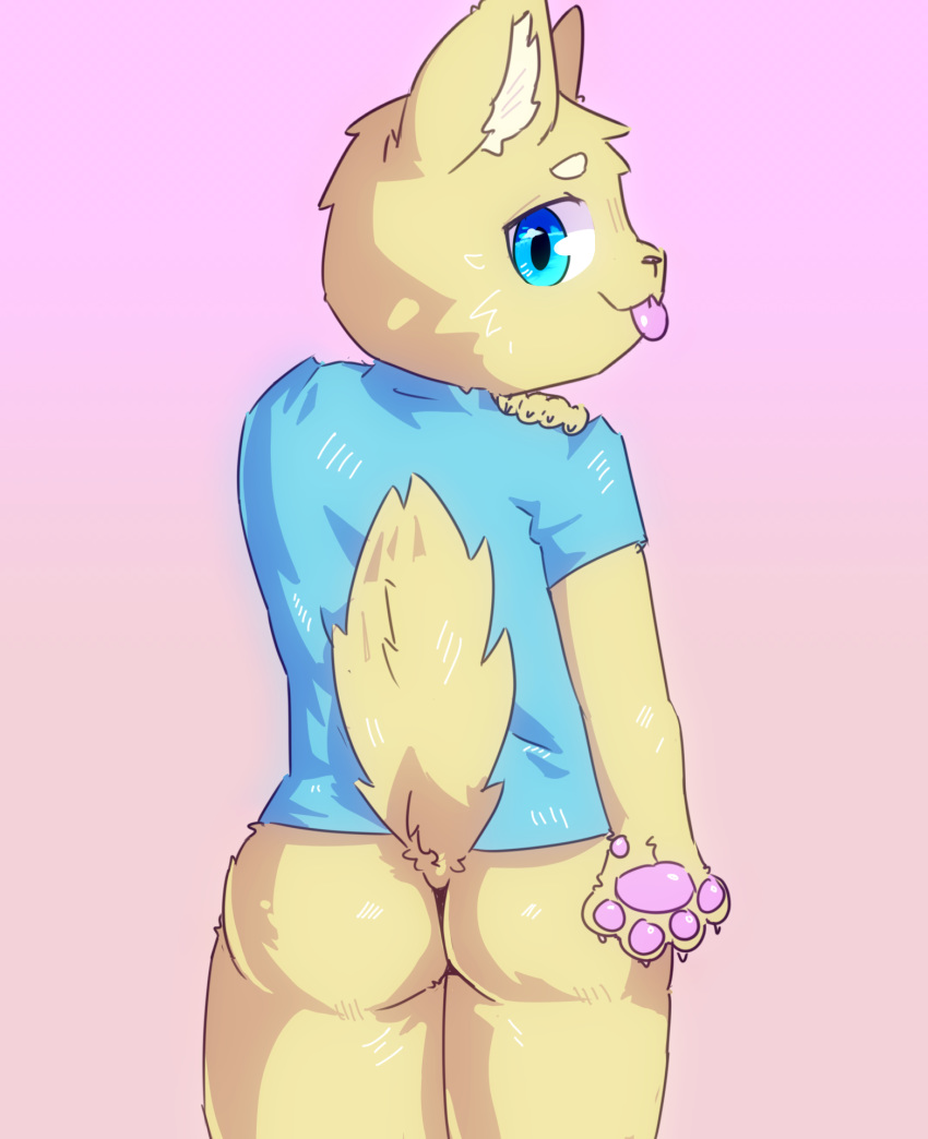 anthro bottomless butt canid canine canis clothed clothing domestic_dog hand_on_shoulder hi_res looking_back male mammal pawpads pink_background raised_tail rear_view shirt simple_background solo tongue tongue_out topwear young zanzan_(artist)