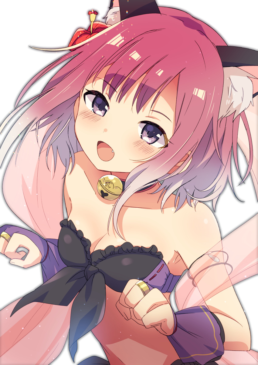 1girl :d absurdres aen animal_ear_fluff animal_ears bangs bare_shoulders bell bikini breasts bridal_gauntlets cat_ears cat_girl cleavage eyebrows_visible_through_hair fang highres jingle_bell looking_at_viewer open_mouth pink_hair princess_connect! princess_connect!_re:dive purple_eyes short_hair simple_background small_breasts smile solo swimsuit tail tamaki_(princess_connect!) white_background