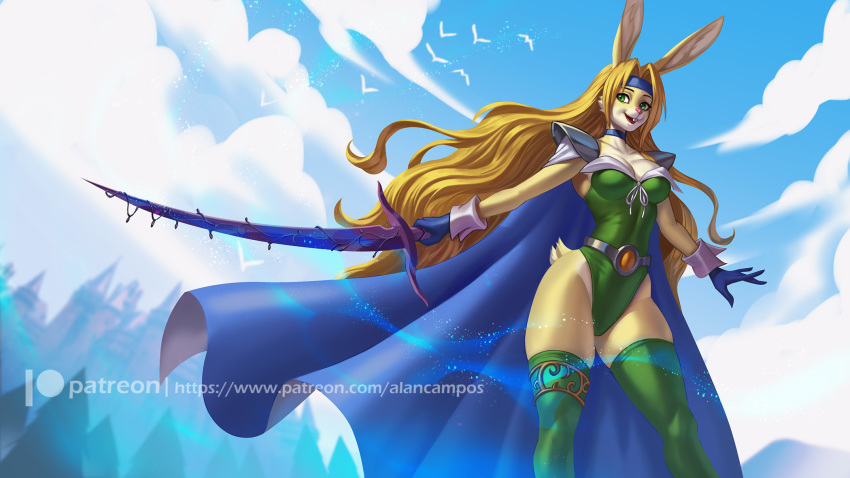 2020 alanscampos alternate_species ambient_bird anthro avian bird blonde_hair breasts buckteeth castle celes_chere cleavage clothed clothing cloud digital_media_(artwork) female final_fantasy final_fantasy_vi furrification green_eyes hair hi_res holding_object holding_sword holding_weapon lagomorph leporid long_hair mammal melee_weapon open_mouth open_smile patreon rabbit shoulder_pads sky smile solo square_enix sword teeth text url video_games weapon