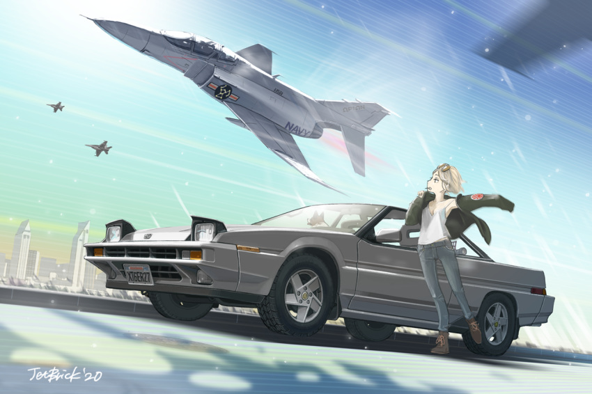 1girl aircraft airplane car dog fighter_jet floating_hair ground_vehicle jacket jet jettoburikku looking_to_the_side looking_up military military_vehicle motor_vehicle original rising_sun sunburst vehicle_focus vehicle_request white_hair