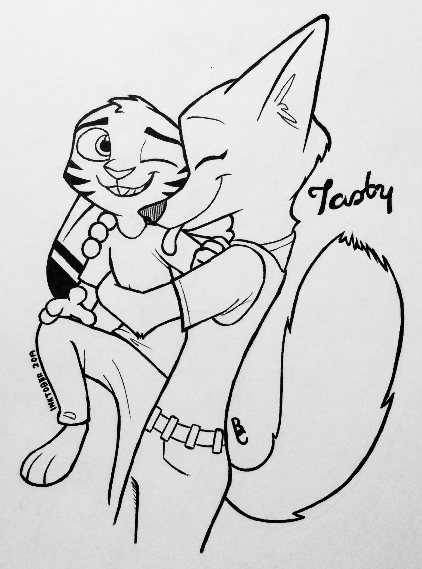 2019 ambiguous_gender anthro arctic_fox black_and_white bottomwear buckteeth canid canine carrying clothed clothing disney duo ear_markings eyes_closed facial_markings fox fully_clothed head_markings head_tuft hi_res inktober jack_savage lagomorph leporid licking mammal markings monochrome one_eye_closed pants rabbit shirt simple_background skye_(zootopia) smile standing teeth theblueberrycarrots tongue tongue_out topwear tuft white_background zootopia