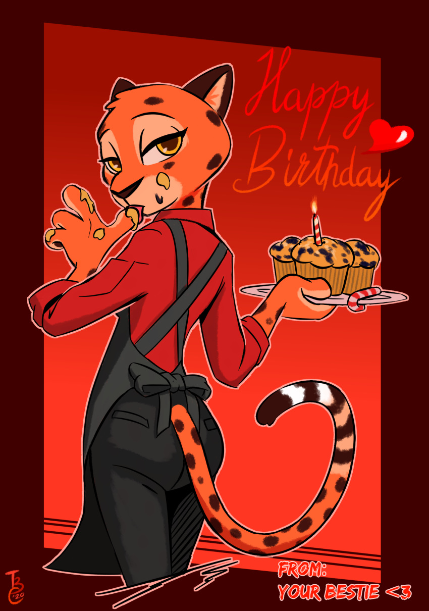 2020 anthro brown_spots candle cheetah english_text felid feline female finger_fetish finger_lick finger_play fingers fire food fur hi_res holding_plate licking looking_at_viewer looking_back looking_back_at_viewer mammal muffin orange_body orange_fur red_background simple_background solo spots spotted_body spotted_fur stephie_(fraydia1) text theblueberrycarrots tongue tongue_out yellow_eyes