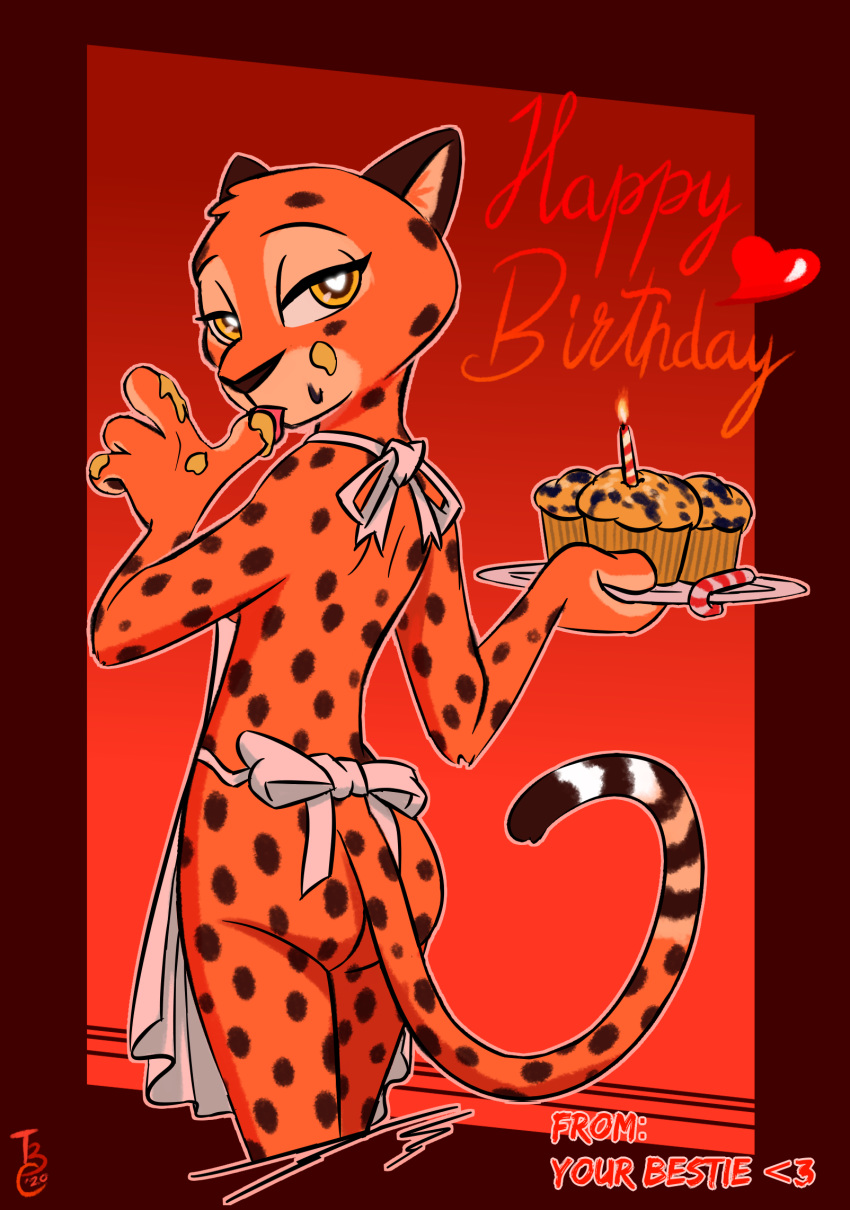 &lt;3 &lt;3_eyes 2020 anthro apron apron_only brown_spots butt candle cheetah clothing english_text felid feline female finger_fetish finger_lick finger_play fingers fire food fur hi_res holding_plate licking looking_at_viewer looking_back looking_back_at_viewer mammal mostly_nude muffin orange_body orange_fur red_background simple_background solo spots spotted_body spotted_fur stephie_(fraydia1) text theblueberrycarrots tongue tongue_out yellow_eyes
