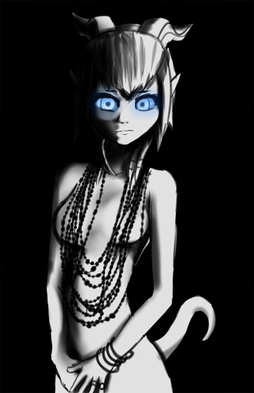 absurd_res bead_necklace blizzard_entertainment bracelet breasts covered_nipples covering covering_self dark_background dim_lighting draenei female fluorite glowing glowing_eyes hi_res horn humanoid janice_joplin_reference jewelry monara navel pose ring solo standing tendrils video_games warcraft