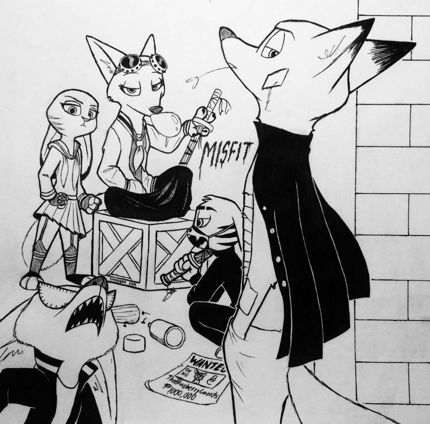 2019 anthro black_and_white bottomwear canid canine cheek_tuft clothed clothing crate crouching disney facial_markings facial_tuft female fennec finnick fox fully_clothed group head_markings head_tuft hi_res holding_object holding_weapon inktober inner_ear_fluff jack_savage judy_hopps lagomorph leporid looking_at_viewer male mammal markings melee_weapon monochrome nick_wilde rabbit scar sharp_teeth skirt skye_(zootopia) sword teeth theblueberrycarrots toeless_legwear tuft weapon zootopia