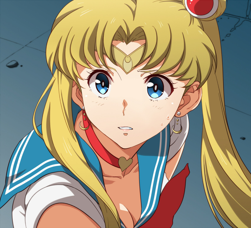 1girl bangs bishoujo_senshi_sailor_moon blonde_hair blue_eyes blue_sailor_collar breasts choker cleavage crescent crescent_earrings derivative_work diadem earrings hair_bun hair_ornament hair_over_shoulder heart heart_choker jewelry kunifuto light_frown long_hair looking_at_viewer meme parted_bangs parted_lips red_choker sailor_collar sailor_moon sailor_moon_redraw_challenge sailor_senshi_uniform screencap_redraw short_sleeves solo sweatdrop tsukino_usagi twintails upper_body