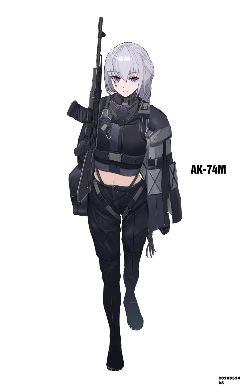 1girl absurdres ak-74m ak-74m_(girls_frontline)_(rabochicken) black_footwear black_gloves black_pants bodysuit boots character_name character_request eyebrows_visible_through_hair girls_frontline gloves gun hair_between_eyes hand_on_weapon highres holding holding_weapon jacket kanoe_(kanoe502) long_hair looking_at_viewer navel pants purple_eyes rifle scar scar_across_eye silver_hair smile solo weapon white_background