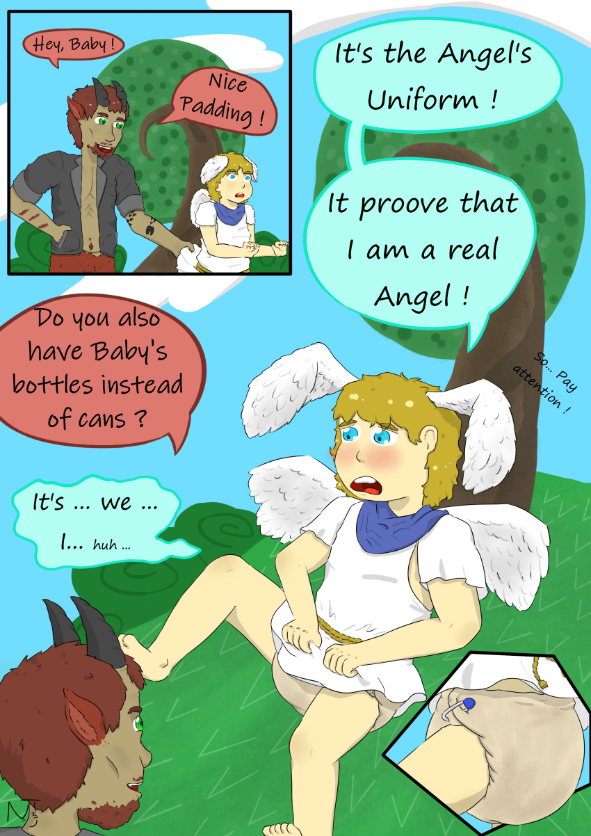 absurd_res ahcocqui angel anthro blush child clothed clothing comic demon diaper duo english_text faun feathered_wings feathers hair hi_res human humanoid humiliation humor infantilism joke joking male mammal satyr teasing text wings young