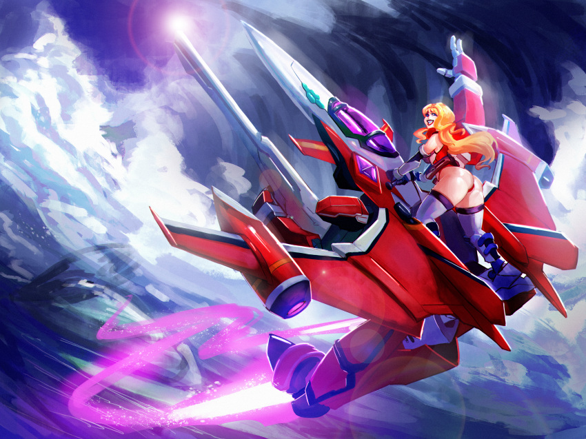 1girl absurdres alternate_costume ass blonde_hair commentary cosmikaizer firing floating_hair from_behind gerwalk gun highres holding holding_gun holding_weapon huge_filesize looking_back macross macross_frontier macross_frontier:_sayonara_no_tsubasa mecha open_hand sheryl_nome thighhighs weapon yf-29