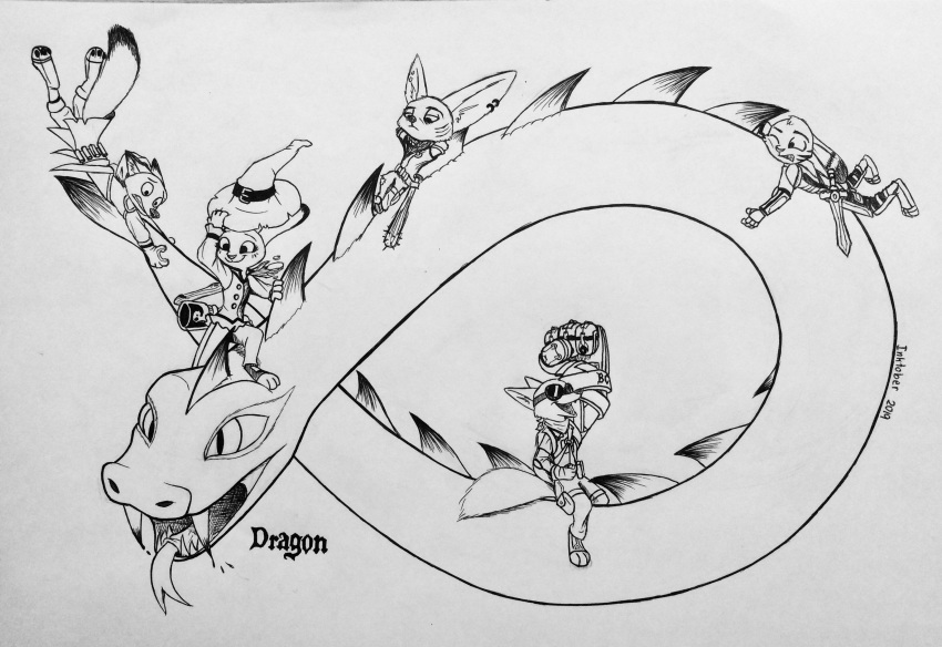 2019 absurd_res anthro black_and_white bottomwear canid canine clothed clothing disney dragon eyewear facial_markings fennec finnick fluffy fluffy_tail fox fully_clothed goggles group hat head_markings head_tuft headgear headwear hi_res inktober jack_savage judy_hopps lagomorph leporid mammal markings melee_weapon monochrome nick_wilde pants piercing rabbit reclining shirt simple_background sitting skye_(zootopia) sword theblueberrycarrots toeless_legwear topwear tuft weapon white_background wizard_hat zootopia