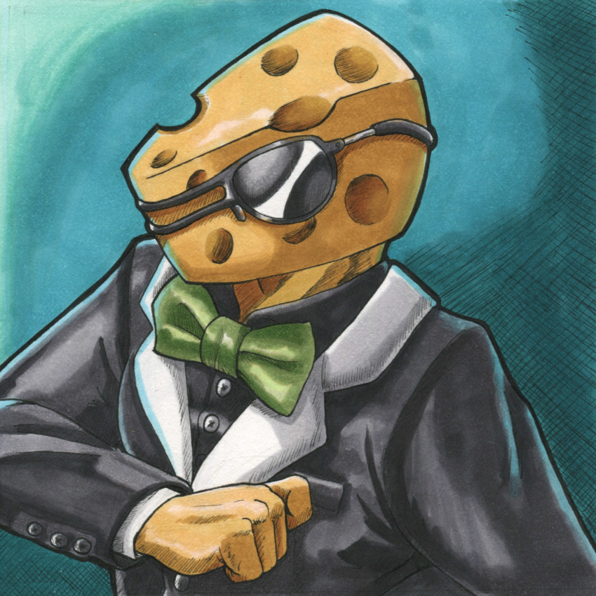 1:1 ambiguous_gender cheese clothing dairy_products dcheese eyewear food food_creature hi_res humanoid not_furry simple_background solo suit sunglasses traditional_media_(artwork)