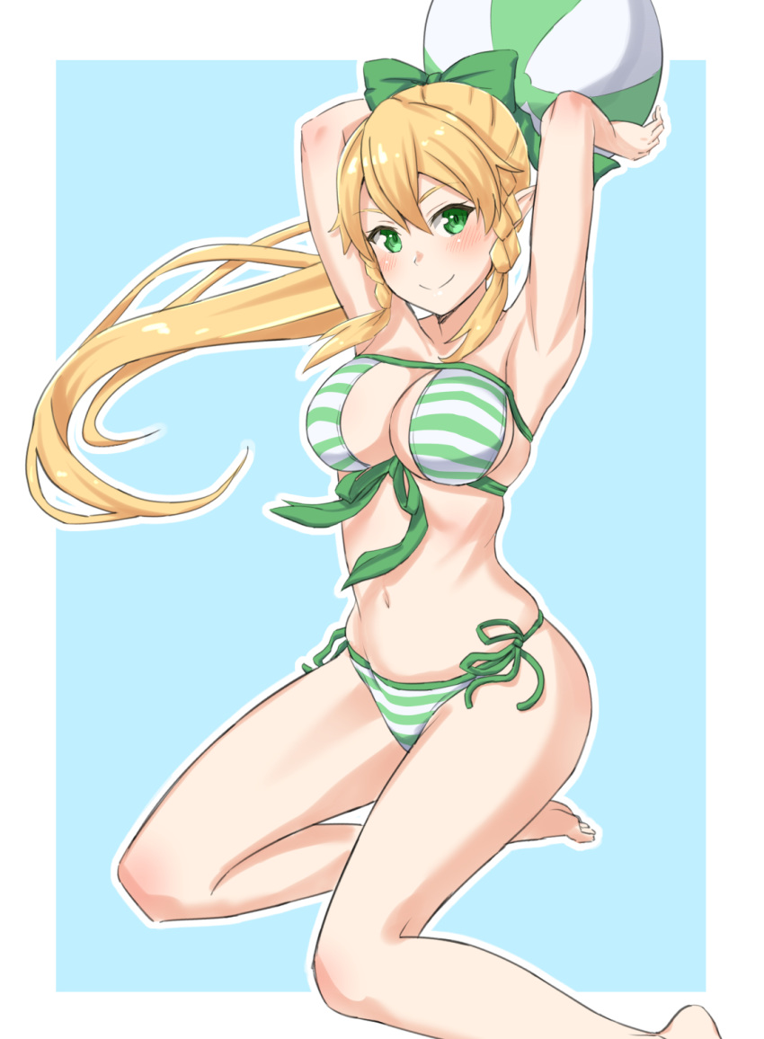 1girl armpits arms_behind_head arms_up ball bangs barefoot beachball bikini blonde_hair blue_background blush bow braid breasts cleavage closed_mouth floating_hair front-tie_bikini front-tie_top green_bikini green_bow green_eyes green_ribbon hair_between_eyes hair_bow highres leafa long_hair looking_at_viewer medium_breasts navel pointy_ears ribbon shemry_akatsuki shiny shiny_hair side-tie_bikini sideboob smile solo strapless strapless_bikini striped striped_bikini swimsuit sword_art_online twin_braids two-tone_background very_long_hair white_background