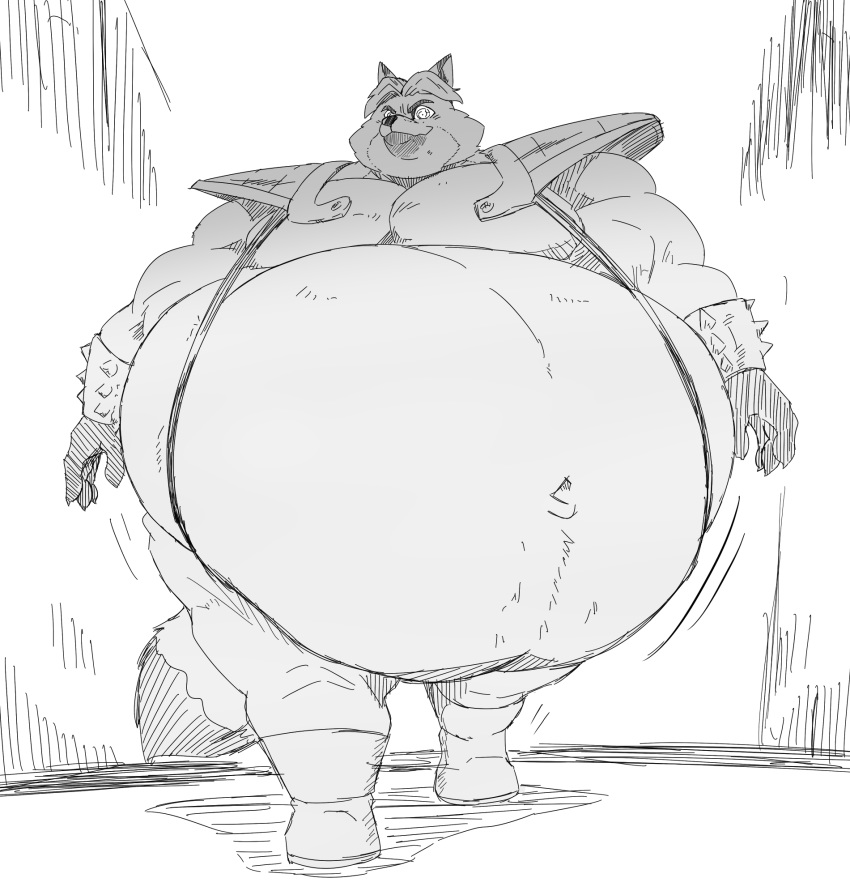2020 anthro belly big_belly boots bottomwear canid canine clothing disney footwear fox fur gideon_grey gloves hair handwear hi_res looking_at_viewer male mammal monochrome morbidly_obese morbidly_obese_anthro morbidly_obese_male navel obese obese_anthro obese_male overweight overweight_anthro overweight_male pants reagan700 shoulder_pads solo spiked_gloves spikes suspenders zootopia