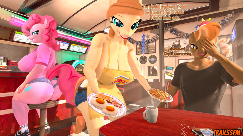 16:9 3d_(artwork) 4k absurd_res anthro apron areola areola_slip bacon bedroom_eyes beverage big_breasts big_butt booth bottomwear bread breasts butt butt_floss button_mash_(mlp) cake cleavage clothed clothing coffee cream_heart_(mlp) cutoffs denim denim_clothing denny's digital_media_(artwork) diner egg english_text equid equine facepalm fan_character female food footwear friendship_is_magic group hasbro headphones heart_cutout hi_res huge_breasts huge_butt jukebox lipstick looking_at_viewer makeup male mammal mature_female meat milf_dennys my_little_pony narrowed_eyes neon_lights phone pinkie_pie_(mlp) plate seductive shirt shoes shorts smile socks source_filmmaker text thick_thighs toast topwear trailssfm widescreen