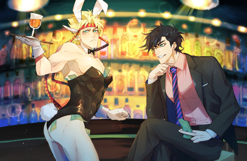 2boys abs absurdres alcohol alternate_costume animal_ears arched_back armpits ass bar bare_arms bare_shoulders battle_tendency belt_buckle black_neckwear black_pants blonde_hair blurry bokeh bow bowtie brown_hair buckle bunny_ears bunny_tail bunnysuit caesar_anthonio_zeppeli chin_rest clenched_hand collared_shirt cup depth_of_field detached_collar dollar_bill drinking_glass facial_mark fake_animal_ears fake_tail feather_hair_ornament feathers formal gloves green_eyes grin hair_feathers hand_on_own_chin headband highres holding holding_money holding_tray indoors jojo_no_kimyou_na_bouken joseph_joestar_(young) lamp leotard light light_particles light_rays liquor looking_at_another male_focus money multiple_boys muscle necktie neckwear one_eye_closed pants pectorals satosi_peter shiny shiny_clothes shirt short_hair sitting skin_tight smile spiked_hair standing striped striped_neckwear suit tail tray twisted_torso white_gloves wrist_cuffs
