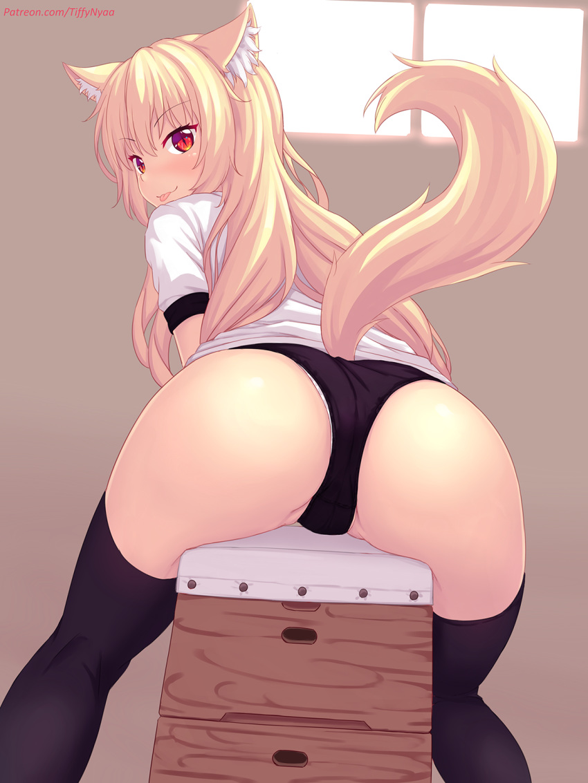 1girl :p animal_ear_fluff animal_ears ass bangs blonde_hair blush buruma cat_ears cat_tail commentary english_commentary eyebrows_visible_through_hair fangs from_behind highres long_hair looking_at_viewer looking_back nottytiffy original red_eyes skin_fangs slit_pupils solo straddling tail thighhighs thighs tiffy_(nottytiffy) tongue tongue_out vaulting_horse watermark web_address