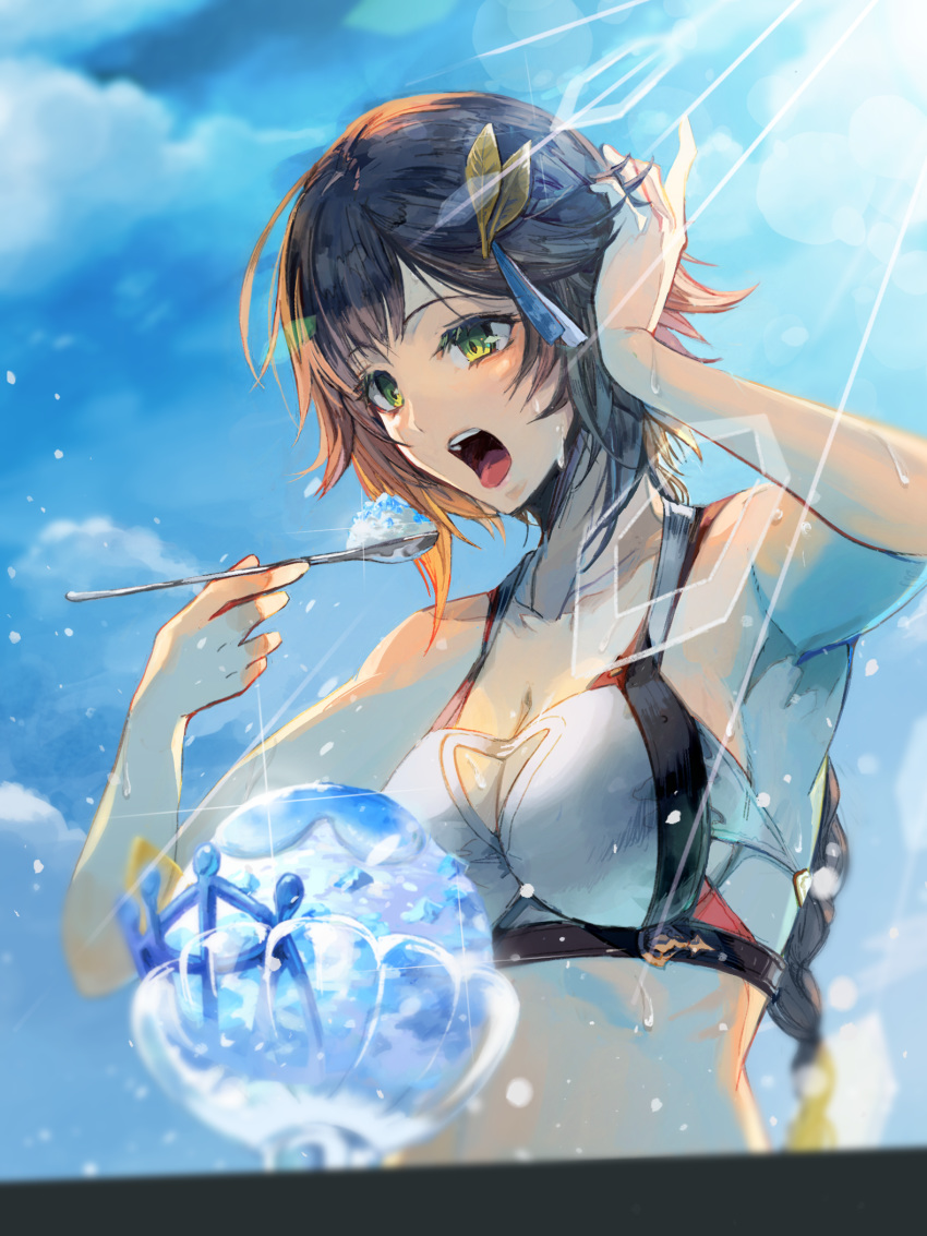 1girl armpits bikini bikini_top blue_sky blurry_foreground breasts brown_hair cleavage cloud collarbone day eating granblue_fantasy green_eyes hair_ornament hand_in_hair highres holding holding_spoon leona_(granblue_fantasy) medium_breasts open_mouth outdoors pos shaved_ice short_hair sky solo spoon summer sunlight swimsuit white_bikini