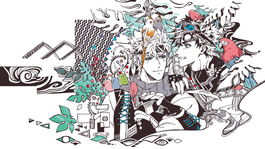 2boys alternate_costume animal_on_head animal_on_shoulder aqua_eyes arm_on_shoulder battle_tendency bird bird_on_head bird_on_shoulder caesar_anthonio_zeppeli facial_mark feather_hair_ornament feathers fingerless_gloves gloves goggles goggles_on_head grin hair_feathers hair_ornament headband highres holding_hands interlocked_fingers jojo_no_kimyou_na_bouken joseph_joestar_(young) leaf leaf_background light_smile looking_at_another macaw male_focus multiple_boys nigelungdayo on_head parrot scarf short_hair smile spiked_hair striped striped_scarf