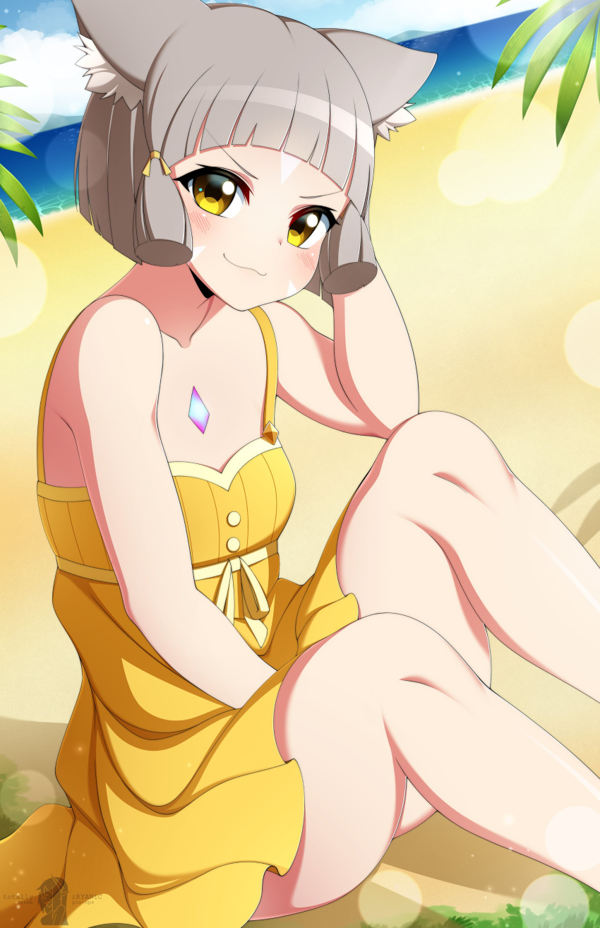 1girl :3 absurdres animal_ears bangs bare_arms bare_legs bare_shoulders beach blunt_bangs blush breasts cat_ears chest_jewel day dress_swimsuit facial_mark feet_out_of_frame highres niyah outdoors short_hair silver_hair sitting small_breasts smile solo swimsuit totallyiryanic xenoblade_(series) xenoblade_2 yellow_eyes yellow_swimsuit