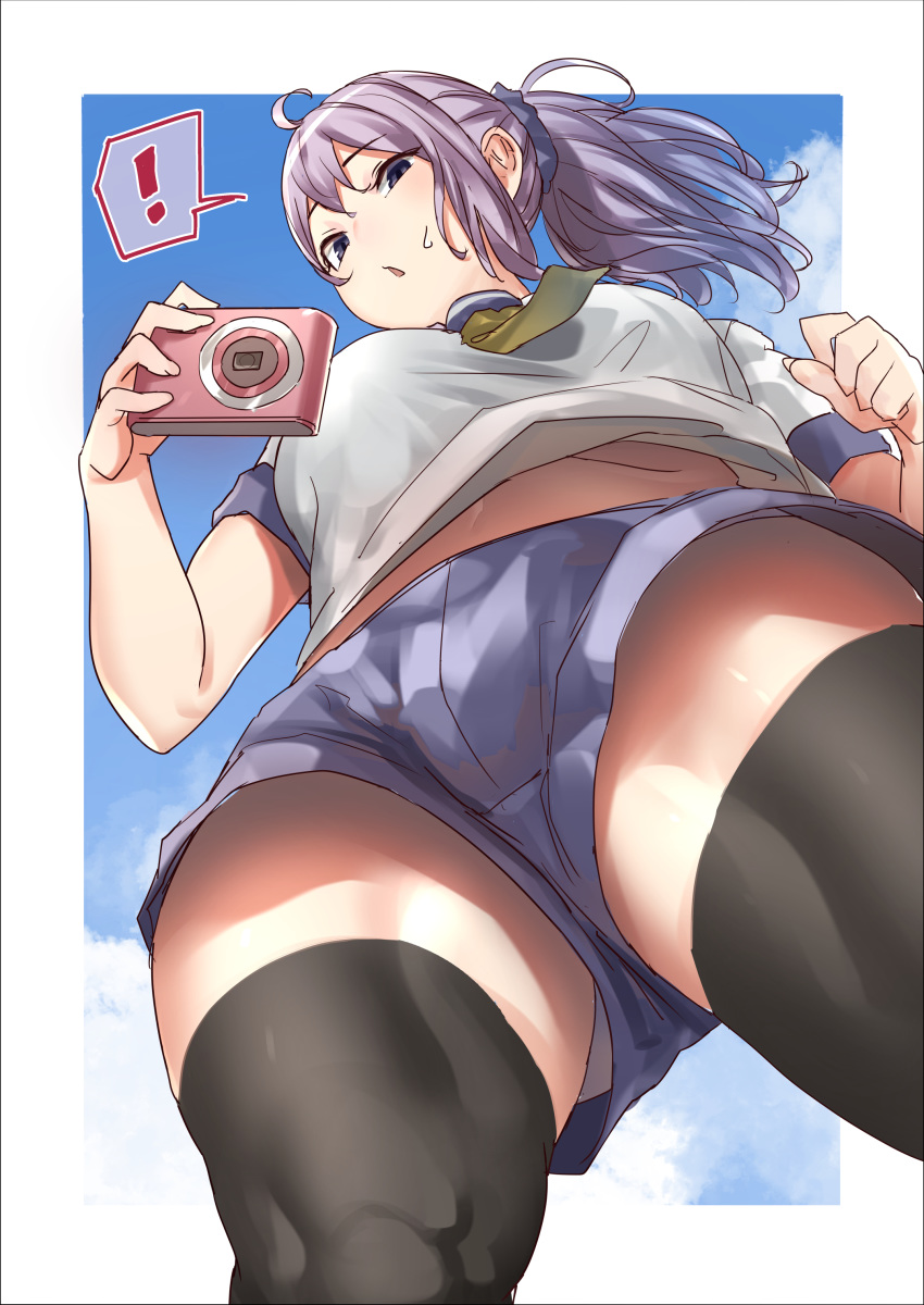 ! 1girl absurdres ahoge aoba_(kantai_collection) bangs black_eyes black_legwear blue_shorts blush border breasts camera cloud eyebrows_visible_through_hair from_behind hair_ornament hair_scrunchie highres holding holding_camera kantai_collection large_breasts long_hair muscle muscular_female open_mouth plump purple_hair sailor_collar school_uniform scrunchie serafuku shirt_overhang short_sleeves shorts sky solo spoken_exclamation_mark sweat thighhighs thighs uru_(uru0000) white_border yellow_neckwear