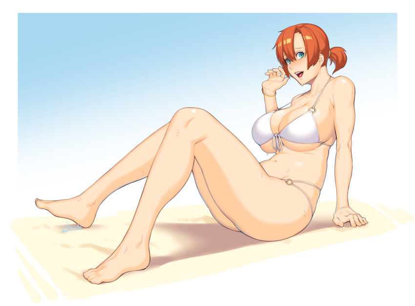 1girl bikini blue_eyes blush boudica_(fate/grand_order) bracelet breasts dyun fate/grand_order fate_(series) full_body highres huge_breasts jewelry o-ring o-ring_bikini open_mouth ponytail red_hair signature simple_background sitting solo sweat swimsuit white_bikini