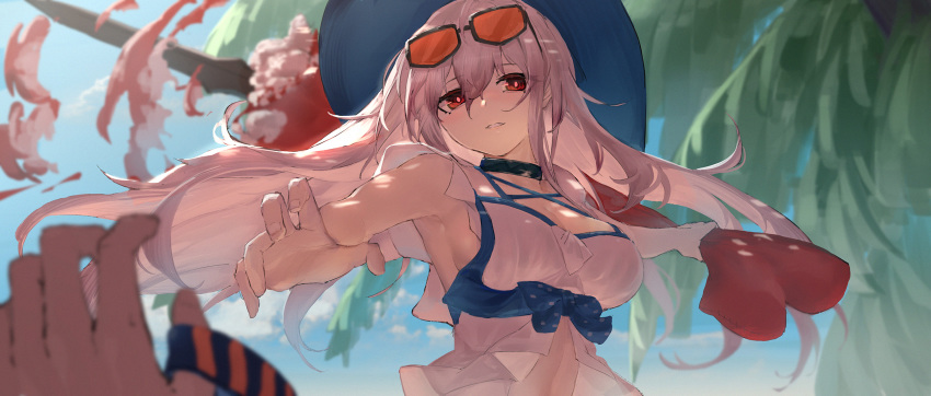 1girl arknights armpits bangs bare_shoulders blue_sky breasts chinese_commentary commentary_request day eyewear_on_head hair_between_eyes hat head_tilt highres long_hair looking_at_viewer mag_(mag42) medium_breasts pov red_eyes silver_hair skadi_(arknights) sky solo_focus sunglasses upper_body