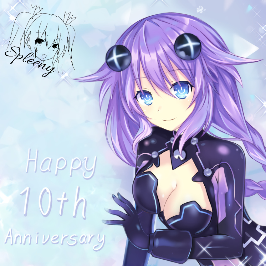 1girl blue_eyes braid breasts eyebrows_visible_through_hair highres large_breasts long_hair neptune_(series) original purple_heart signature simple_background smile solo solo_focus spleeny symbol_in_eye tsunako twin_braids twintails white_background