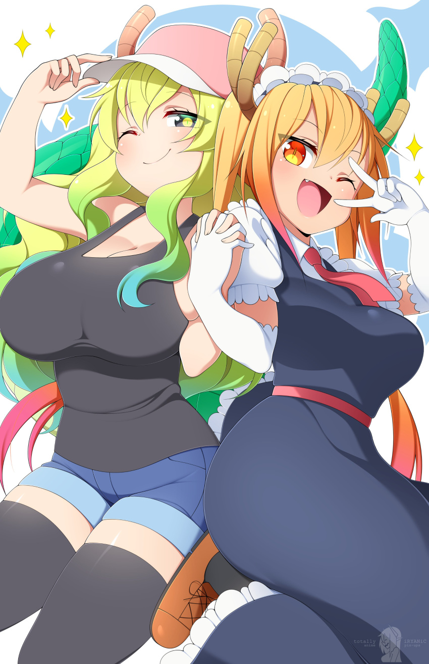 2girls :d absurdres bangs baseball_cap black_tank_top blonde_hair breasts cleavage cowboy_shot denim denim_shorts dragon_girl dragon_horns dragon_tail elbow_gloves fang gloves gradient_hair green_hair hair_between_eyes hat highres holding_hands horns horns_through_headwear interlocked_fingers kobayashi-san_chi_no_maidragon large_breasts long_hair maid maid_headdress multicolored_hair multiple_girls one_eye_closed open_mouth orange_eyes orange_hair pink_headwear puffy_sleeves quetzalcoatl_(maidragon) shorts slit_pupils smile tail tank_top thighhighs tooru_(maidragon) totallyiryanic twintails v white_gloves