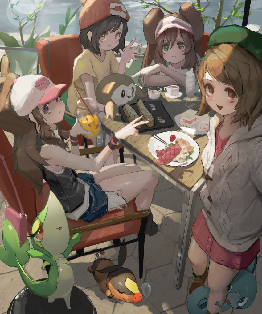 &gt;:) 4girls :&gt; aqua_eyes arms_on_table bag bag_removed bangs baseball_cap beanie beret black_hair black_legwear black_shirt blue_eyes brown_eyes brown_hair cake cardigan chair chopsticks commentary cup denim denim_shorts double_bun food gloria_(pokemon) green_headwear grey_cardigan hand_up handbag hat high_ponytail highres hilda_(pokemon) holding holding_jar ice_cream jar long_hair looking_at_viewer meat multiple_girls neg_(101neg) nose_bubble open_mouth pink_skirt plate pokemon pokemon_(creature) pokemon_(game) pokemon_bw pokemon_bw2 pokemon_sm pokemon_swsh ponytail red_headwear rosa_(pokemon) rowlet selene_(pokemon) shirt shoes short_hair short_sleeves shorts sidelocks sitting skirt sleeveless sleeveless_shirt smile snivy sobble standing swept_bangs table teacup tepig twintails v-shaped_eyebrows visor_cap wristband yellow_eyes yellow_shirt