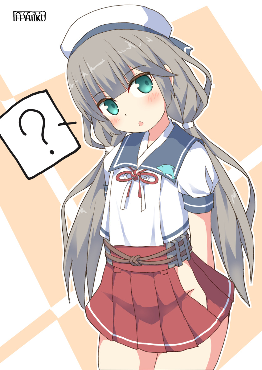 1girl ? arms_behind_back blush brown_hair commentary_request green_eyes hat highres kantai_collection long_hair looking_at_viewer low_twintails mikura_(kantai_collection) no_panties open_mouth pepatiku school_uniform signature simple_background solo twintails