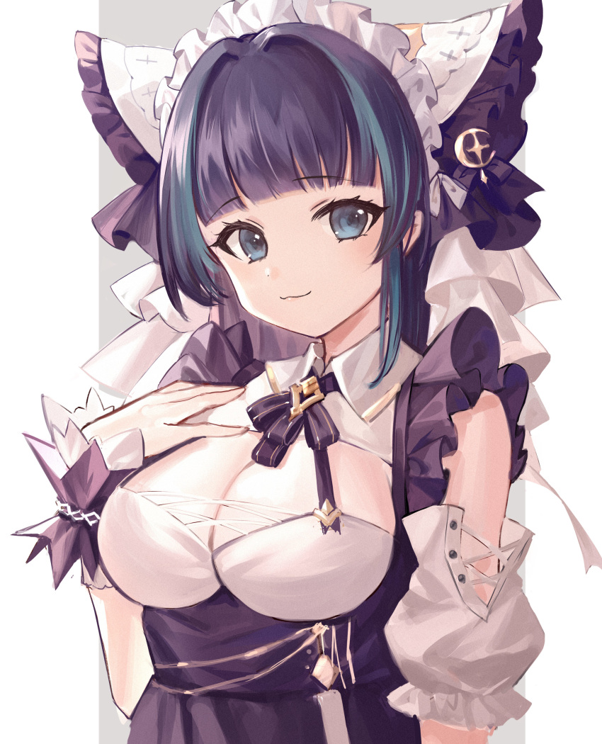 1girl absurdres azur_lane bangs blue_eyes blue_hair blunt_bangs breasts cheshire_(azur_lane) cleavage closed_mouth eyebrows_visible_through_hair highres large_breasts looking_at_viewer maid_headdress meshi-dan multicolored_hair short_hair smile solo streaked_hair upper_body