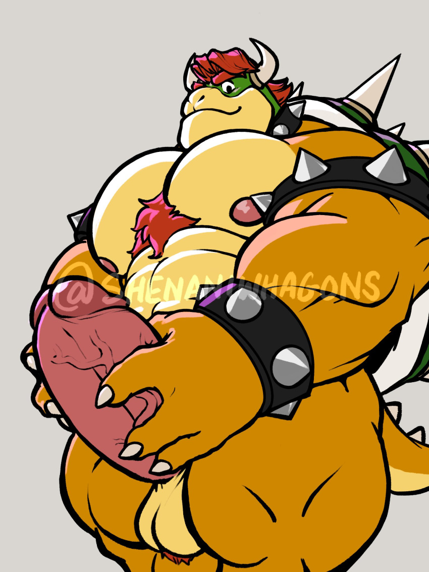 3:4 anthro ball_tuft balls bowser chest_tuft genitals hi_res koopa looking_at_viewer low-angle_view male mario_bros muscular muscular_anthro muscular_male nintendo nipples penis scalie shenaniwhagons solo tuft video_games