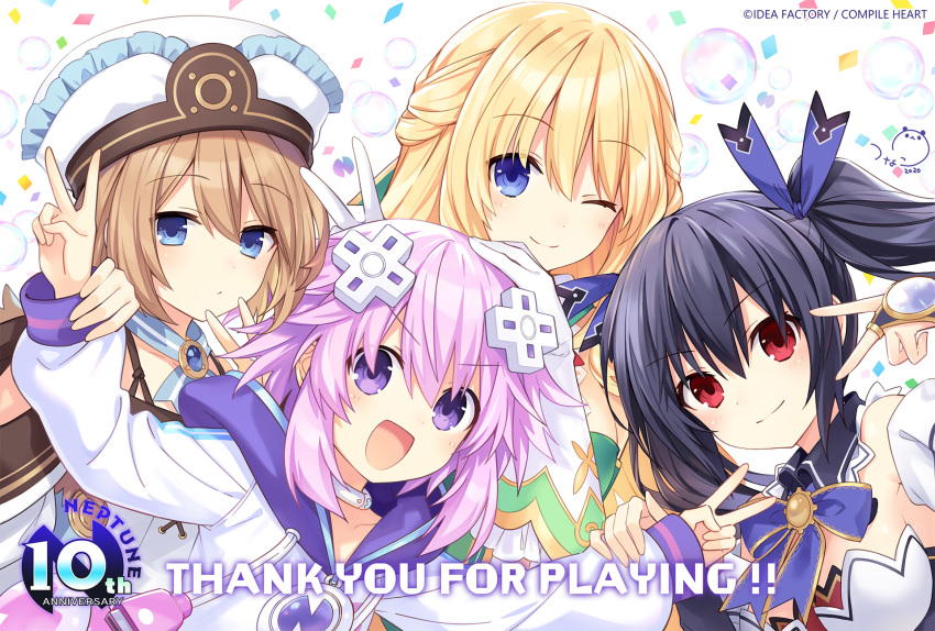 4girls anniversary black_hair blanc blonde_hair blue_eyes blush breasts brown_hair d-pad d-pad_hair_ornament double_v gloves hair_ornament hat highres long_hair medium_breasts multiple_girls neptune_(neptune_series) neptune_(series) noire official_art one_eye_closed open_mouth purple_eyes purple_hair red_eyes short_hair smile tsunako twintails v vert