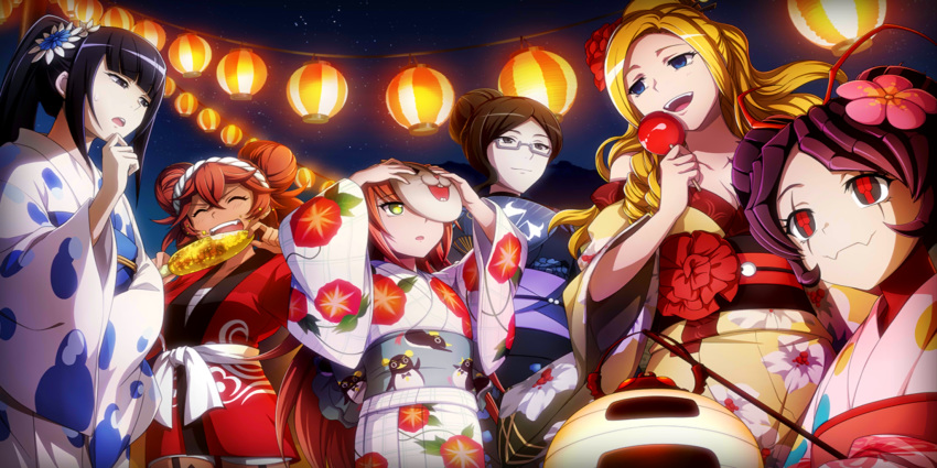 6+girls antennae black_eyes black_hair blonde_hair blue_eyes closed_eyes cz2128_delta eating eclair_ecleir_eicler entoma_vasilissa_zeta flower glasses green_eyes hair_flower hair_ornament hamsuke highres japanese_clothes kimono lantern lupusregina_beta mask multiple_girls narberal_gamma official_art open_mouth orange_hair overlord_(maruyama) red_eyes red_hair sash sky solution_epsilon star_(sky) starry_sky yukata yuri_alpha